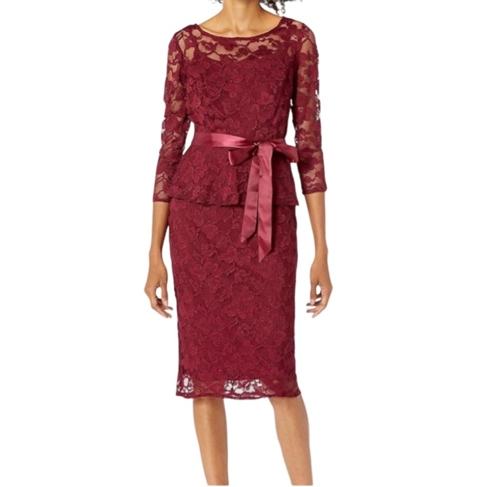 LF Leslie Fay formal dress. Size 14. NWT. Maroon/garnet. Overlay, tie waist.